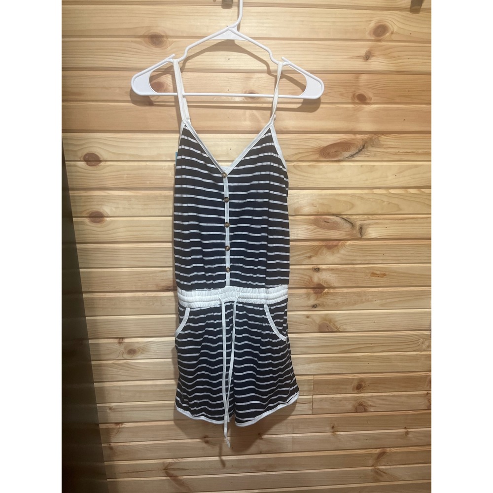 Cupshe Navy White Striped Knit Romper V-Neck Button Front Small CAA13E4C031UC